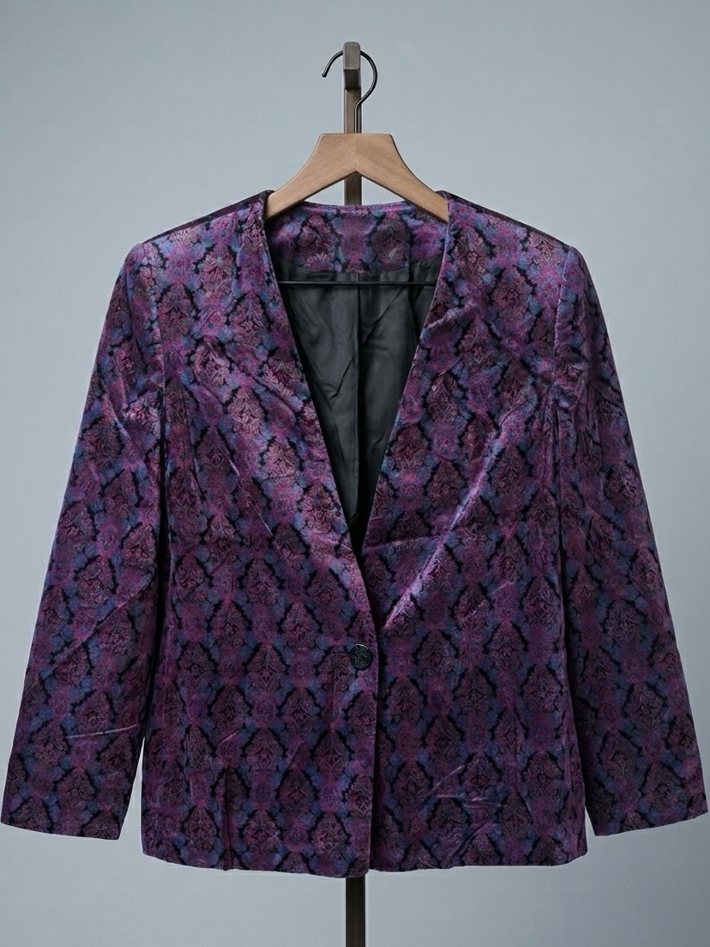 Vintage 90s Brocade Velvet Like Collarless Jacket Purple Black Boho Gothic Glam
